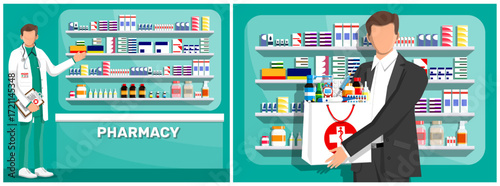 Man inside modern pharmacy interior with medicine shelves. Pharmacist doctor showing medical drugs. Customer with shopping bag.