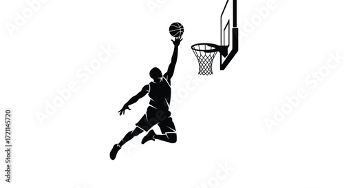 Basketball Dunk: A silhouette of a basketball player soaring through the air, skillfully executing a slam dunk, capturing the dynamic energy and athleticism of the sport.