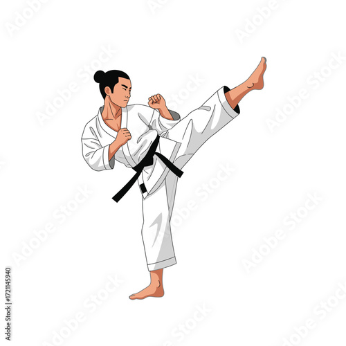 Karate Kick: A focused karate practitioner in a white uniform executes a dynamic high kick, embodying discipline, strength, and the art of self-defense. 