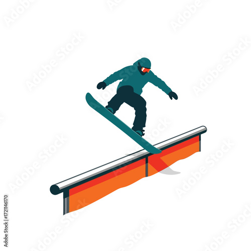 Snowboarder Performing Trick: A snowboarder executes a thrilling trick, gliding smoothly along a rail, displaying skill and focus in an action-packed moment. 