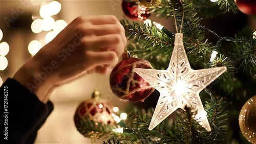 hands decorating a Christmas tree