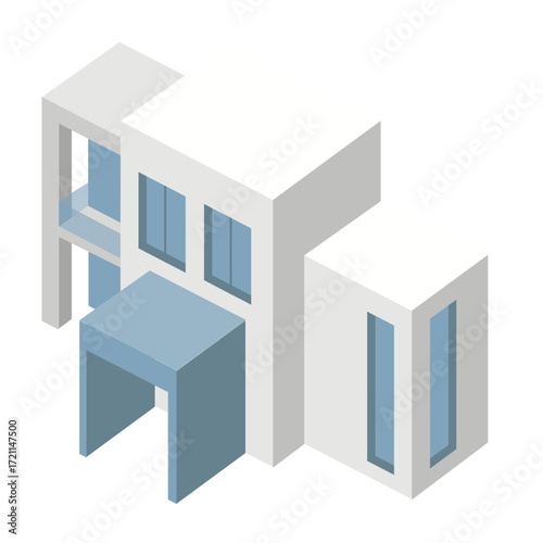 Isometric vector illustration of a modern minimalist house with a geometric blocky design.