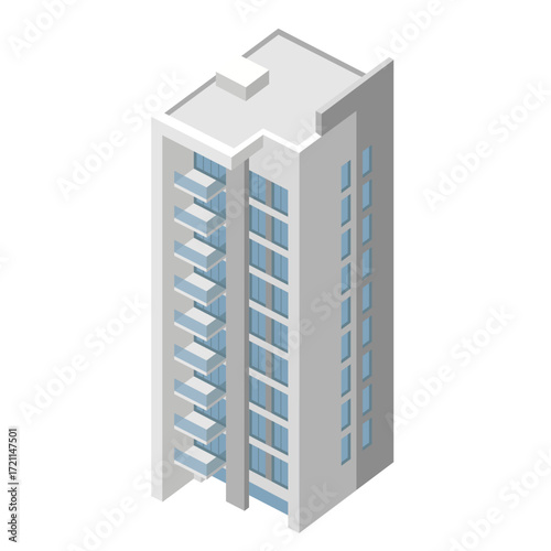 Isometric modern tall dark building with blue windows and balconies graphic illustration.