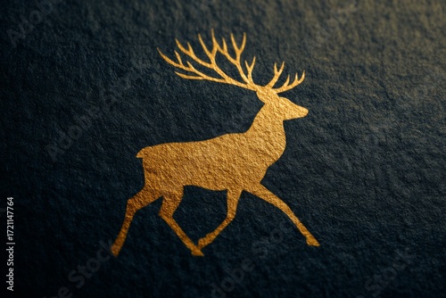 Golden deer walks across a rough dark surface.