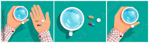 Man holding cup of water and showing pills. Medicine and health care concept with daily dosage of drug. Treatment and therapy illustration.