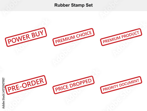 Red Grunge Stamp Set Featuring Power Buy, Premium Choice, PreOrder on White Layout