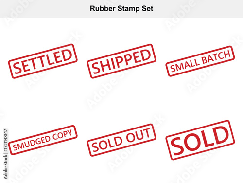 Red Rectangular Grunge Rubber Stamp Set Settled, Shipped, Sold Out on White
