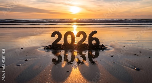 “Beach Sunrise 2026 Sandcastle – Happy New Year”