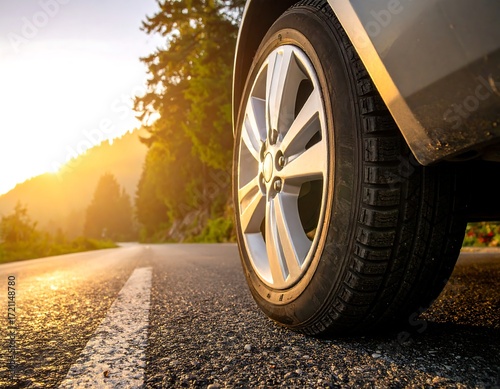 A car tire on a road at sunset