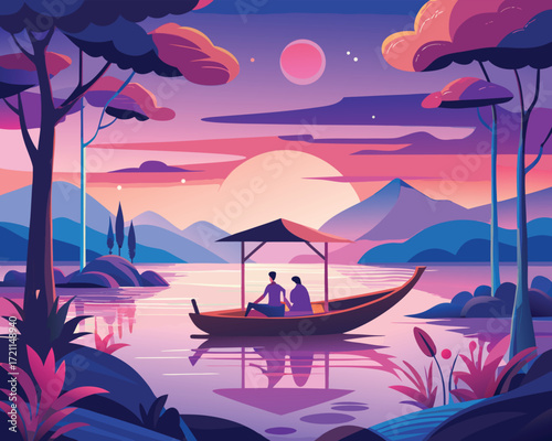 Vector art of couple enjoying a romantic boat ride on a serene lake at sunset illustration