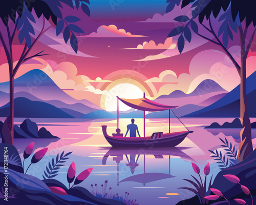 Vector art of silhouette of a man in a boat sailing on a lake at sunset landscape