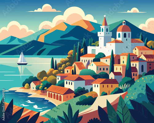Vector art of picturesque coastal town nestled by the sea with mountains in the background