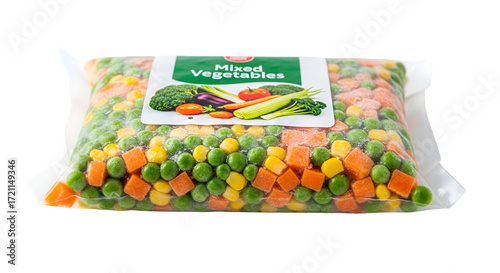 frozen vegetable pack, filled with mixed peas, corn, and carrots on white.