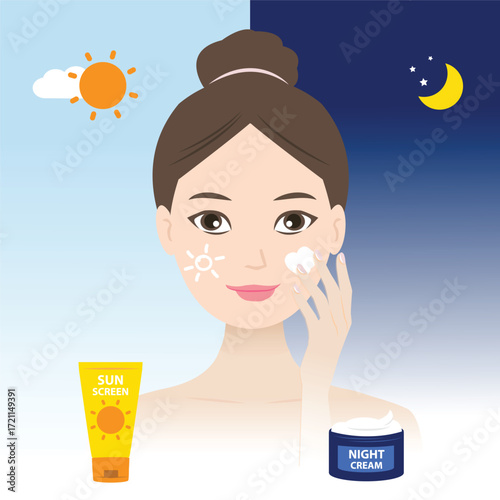 Cute cartoon woman with skincare routine day and night time vector illustration. She applying sunscreen at daytime, night cream at evening. Skincare, beauty routine and self care concept.