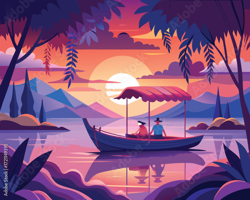 Vector art of couple enjoying a romantic boat ride at sunset with a beautiful landscape