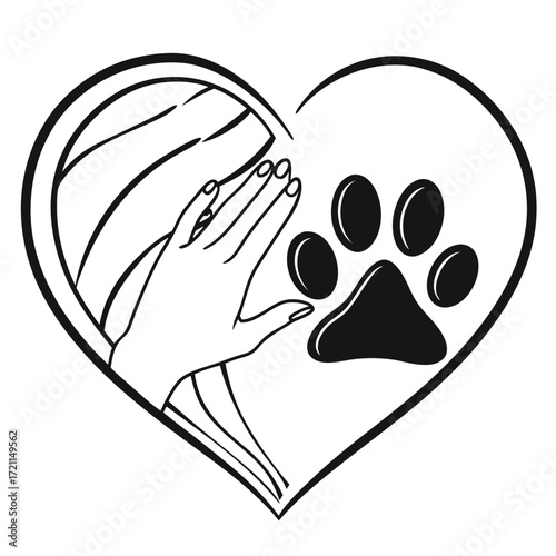 Black and white line art illustration of a heart containing a human hand and a pet paw print, symbolizing animal love and care.