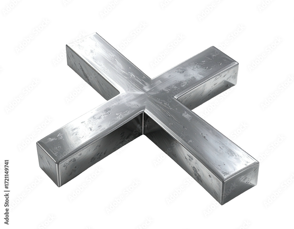 Obraz premium A 3D rendered, metallic plus sign, with a slightly distressed, textured surface