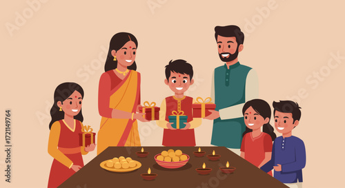 This flat design illustration captures the heartwarming scene of an Indian family celebrating Diwali, sharing gifts and sweets under the glow of traditional diyas. It beautifully represents the joy.