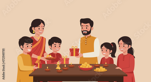 This flat design illustration captures the heartwarming scene of an Indian family celebrating Diwali, sharing gifts and sweets under the glow of traditional diyas. It beautifully represents the joy.