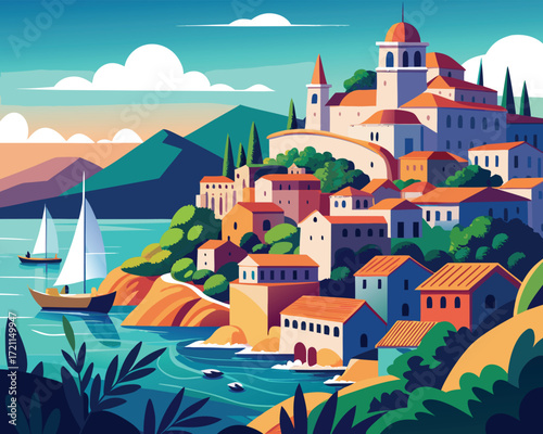 Vector art of picturesque coastal town with sailboats on the water and mountains behind