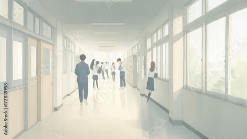 A school hallway, filled with students, bathed in soft light