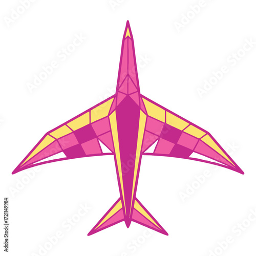 Origami paper bird kite flying high bright pink yellow geometric design