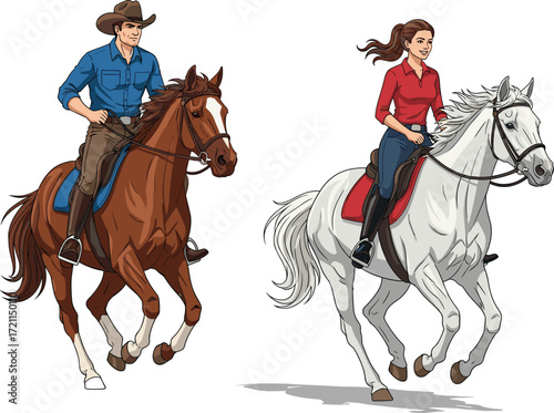 Cartoon Horse Riding Icons Featuring Man and Woman Galloping on Brown and White Horses, Cowboy Hat, Outdoor Motion, and Lifestyle Theme