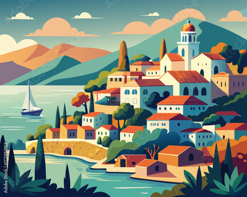 Vector art of picturesque coastal village with colorful houses and sailboat on the water