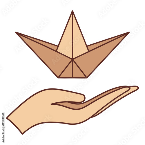Hand holding delicate origami paper bird showing nurture and care in a creative art form
