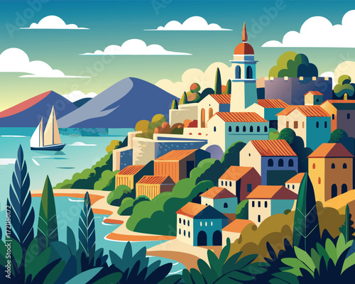 Vector art of picturesque coastal town with sailboat and mountains in the background