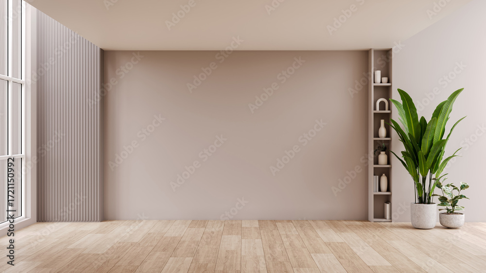 Fototapeta premium Empty room interior with a stylish armchair, natural light from a window, and a blank wall for mockup. Minimalist home background.3d render