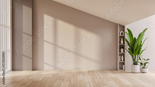 Empty room interior with a stylish armchair, natural light from a window, and a blank wall for mockup. Minimalist home background.3d render