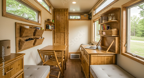 Tiny house interior with space-saving bamboo furniture — folding chairs, convertible desk, and hanging organizers.
