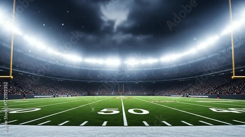 Night Football Stadium: Green Field, Bright Lights, and Crowded Stands
