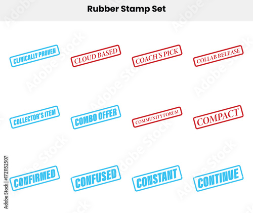 Rubber Stamp Set with Phrases on White Background, Clinically Proven & Cloud Based