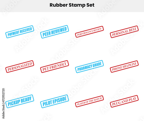 Rubber Stamp Set with Rectangular Borders and Various Text on White Background