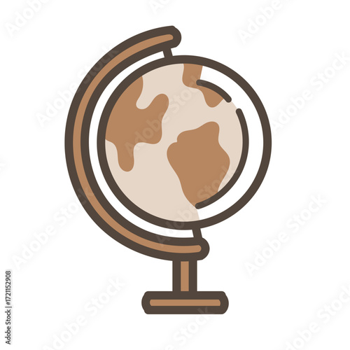 A minimalist brown line art icon of a terrestrial world globe on a stand.