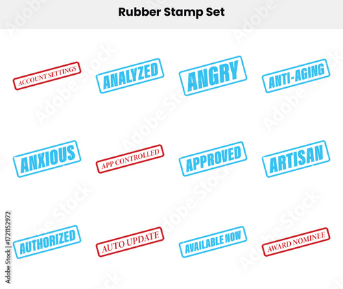 Rubber Stamp Words Set Featuring Account Settings, Analyzed, Angry and More on White