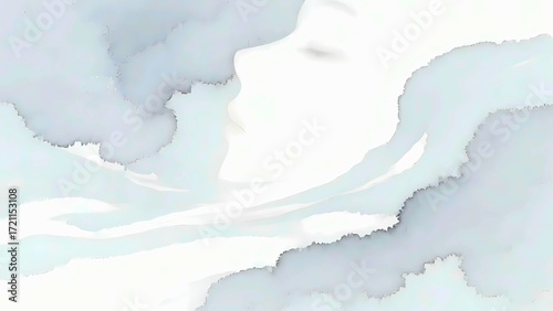Abstract watercolor painting featuring soft blue and white hues with cloud like formations