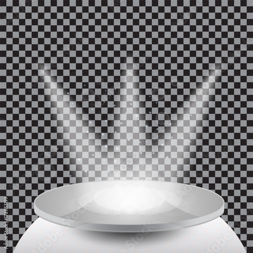 Glossy gray podium with spotlight beams and spark effects on transparent checkerboard background, 3D pedestal with glowing light and reflective surface
