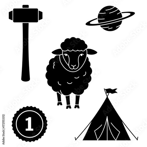 Whimsical Silhouettes A Hammer, Sheep, Planet, Tent, and Award Seal Create an Enigmatic Assemblage