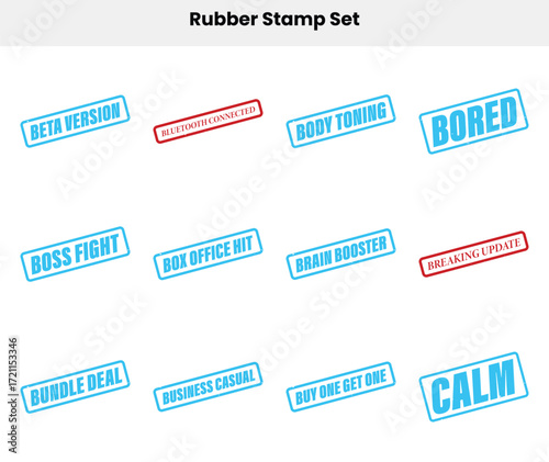 Rubber Stamp Set Featuring Phrases on a White Background in Various Colors