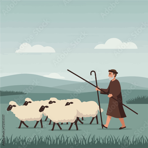 Shepherd guides sheep across green field beneath cloudy sky, staff in hand