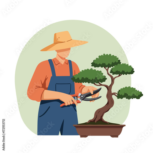 Gardener trimming bonsai with shears; green circular background