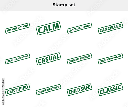 Collection of green ink rubber stamps phrases on a transparent background