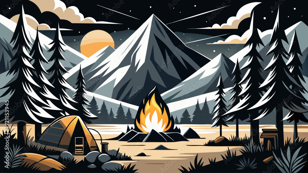 Black and white camping scene featuring mountains, trees, and bonfire, minimalist outdoor illustration, peaceful wilderness atmosphere, perfect for adventure-inspired designs, posters, or nature-theme