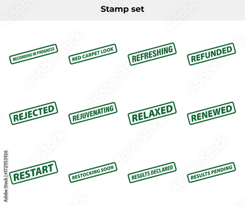 Green Grunge Rubber Stamp Set with Motivational Words on White Background