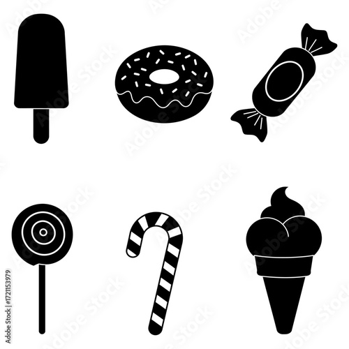 Minimalist Sweet Treats Black and White Icons of Candy, Ice Cream, Donut, and Lollipop Design