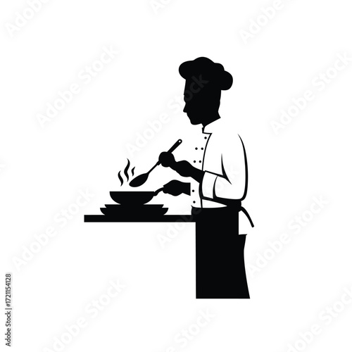 Silhouette chef cooking delicious food stirring pot with steam restaurant kitchen scene silhouette