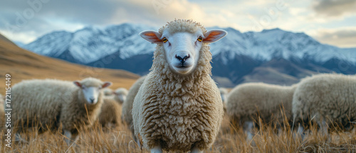 A flock of sheep against the backdrop of mountains: fluffy sheep grazing in a meadow, snow-capped peaks in the distance — for materials about nature and agriculture.